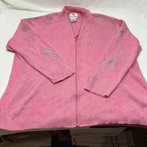 Vintage Quacker Factory Cardigan Sweater 1X Pink with Beaded Snowflakes Ugly Chr